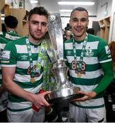 19 November 2021; Dylan Watts, left, and Graham Burke of Shamrock Rovers with the SSE Airtricity League Premier Division trophy after their match against Drogheda United at Tallaght Stadium in Dublin. Photo by Stephen McCarthy/Sportsfile