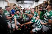 19 November 2021; Shamrock Rovers players celebrate with the SSE Airtricity League Premier Division trophy after their match against Drogheda United at Tallaght Stadium in Dublin. Photo by Stephen McCarthy/Sportsfile