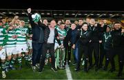 19 November 2021; Shamrock Rovers players, staff, and board members with the SSE Airtricity League Premier Division trophy after their match against Drogheda United at Tallaght Stadium in Dublin. Photo by Stephen McCarthy/Sportsfile