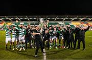 19 November 2021; Shamrock Rovers strength & conditioning coach Darren Dillon and the Shamrock Rovers team with the SSE Airtricity League Premier Division trophy after their match against Drogheda United at Tallaght Stadium in Dublin. Photo by Stephen McCarthy/Sportsfile