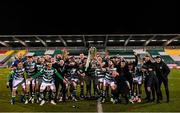 19 November 2021; Shamrock Rovers captain Ronan Finn lifts the SSE Airtricity League Premier Division trophy alongside his team-mates after their match against Drogheda United at Tallaght Stadium in Dublin. Photo by Stephen McCarthy/Sportsfile