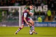 19 November 2021; Dinny Corcoran of Drogheda United in action against Sean Hoare of Shamrock Rovers during the SSE Airtricity League Premier Division match between Shamrock Rovers and Drogheda United at Tallaght Stadium in Dublin. Photo by Seb Daly/Sportsfile