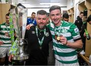 19 November 2021; Shamrock Rovers strength & conditioning coach Darren Dillon, left, and Ronan Finn with the SSE Airtricity League Premier Division trophy after their match against Drogheda United at Tallaght Stadium in Dublin. Photo by Stephen McCarthy/Sportsfile