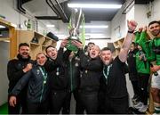 19 November 2021; Shamrock Rovers staff, from left, Shamrock Rovers sporting director Stephen McPhail, Shamrock Rovers goalkeeping coach Jose Ferrer, Shamrock Rovers manager Stephen Bradley, Shamrock Rovers coach Glenn Cronin and Shamrock Rovers strength & conditioning coach Darren Dillon celebrate with the SSE Airtricity League Premier Division trophy after their match against Drogheda United at Tallaght Stadium in Dublin. Photo by Stephen McCarthy/Sportsfile