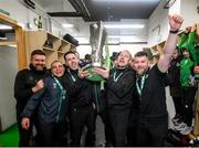 19 November 2021; Shamrock Rovers staff, from left, Shamrock Rovers sporting director Stephen McPhail, Shamrock Rovers goalkeeping coach Jose Ferrer, Shamrock Rovers manager Stephen Bradley, Shamrock Rovers coach Glenn Cronin and Shamrock Rovers strength & conditioning coach Darren Dillon celebrate with the SSE Airtricity League Premier Division trophy after their match against Drogheda United at Tallaght Stadium in Dublin. Photo by Stephen McCarthy/Sportsfile