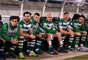 19 November 2021; Shamrock Rovers players, from left, Dean McMenemy, Richie Towell, Adam Wells, Joey O'Brien, Ronan Finn and Chris McCann watch the closing moments of the SSE Airtricity League Premier Division match between Shamrock Rovers and Drogheda United at Tallaght Stadium in Dublin. Photo by Stephen McCarthy/Sportsfile