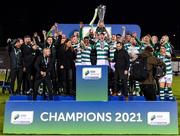 19 November 2021; Shamrock Rovers captain Ronan Finn lifts the SSE Airtricity League Premier Division trophy alongside team-mates after their match against Drogehda United at Tallaght Stadium in Dublin. Photo by Stephen McCarthy/Sportsfile