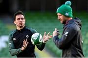 20 November 2021; Joey Carbery, left, takes a pass from assistant coach Mike Catt during the Ireland Captain's Run at Aviva Stadium in Dublin. Photo by Brendan Moran/Sportsfile
