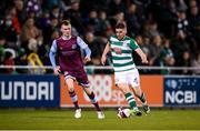 19 November 2021; Dylan Watts of Shamrock Rovers in action against Mark Doyle of Drogheda United during the SSE Airtricity League Premier Division match between Shamrock Rovers and Drogheda United at Tallaght Stadium in Dublin. Photo by Stephen McCarthy/Sportsfile
