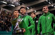 19 November 2021; Shamrock Rovers U19 League winning captain Jordan Tallon and team-mates parade the trophy at half-time of the SSE Airtricity League Premier Division match between Shamrock Rovers and Drogheda United at Tallaght Stadium in Dublin. Photo by Stephen McCarthy/Sportsfile