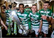 19 November 2021; Aidomo Emakhu, left, and Max Murphy of Shamrock Rovers celebrate with the SSE Airtricity League Premier Division trophy after their match against Drogheda United at Tallaght Stadium in Dublin Photo by Stephen McCarthy/Sportsfile