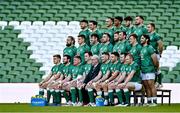 20 November 2021; The Ireland team, back row, from left, Hugo Keenan, Joey Carbery, James Lowe, Robert Baloucoune, Harry Byrne, Ronán Kelleher and Craig Casey, with middle row from left, Andrew Porter, Dan Sheehan, Caelan Doris, Jack Conan, Iain Henderson, Tadhg Beirne, Josh van der Flier and Tom O’Toole and front, from left, Garry Ringrose, Robbie Henshaw, Tadhg Furlong, captain James Ryan, IRFU President Des Kavanagh, Peter O’Mahony, Conor Murray, Cian Healy and Keith Earls sit for their squad photograph before their Captain's Run at Aviva Stadium in Dublin. Photo by Brendan Moran/Sportsfile