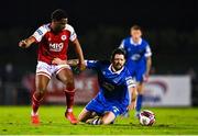 19 November 2021; Anthony Wordsworth of Waterford in action against Nahum Melvin-Lambert of St Patrick's Athletic during the SSE Airtricity League Premier Division match between Waterford and St Patrick's Athletic at the RSC in Waterford. Photo by Eóin Noonan/Sportsfile
