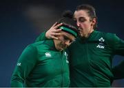 20 November 2021; Ireland captain Ciara Griffin receives a kiss from Laura Feely of Ireland before the Autumn Test Series match between Ireland and Japan at the RDS Arena in Dublin. Photo by Harry Murphy/Sportsfile