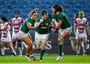 20 November 2021; Ciara Griffin of Ireland, centre, celebrates after scoring her side's second try with Sene Naoupu, left, and Aoife McDermott during the Autumn Test Series match between Ireland and Japan at the RDS Arena in Dublin. Photo by Harry Murphy/Sportsfile