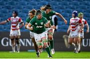 20 November 2021; Ciara Griffin of Ireland, centre, celebrates after scoring her side's second try with Sene Naoupu, left, and Aoife McDermott during the Autumn Test Series match between Ireland and Japan at the RDS Arena in Dublin. Photo by Harry Murphy/Sportsfile
