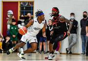 20 November 2021; Hillary Netslyanwa of DBS Éanna in action against Andre Nation of Tradehouse Central Ballincollig during the InsureMyVan.ie Super League match between Tradehouse Central Ballincollig and DBS Éanna at Ballincollig Community School in Ballincollig, Cork. Photo by Sam Barnes/Sportsfile
