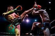20 November 2021; Jonathan Haggerty, left, and Arthur Meyer competing in their ISKA Muay Thai Lightweight World Title bout during Capital 1 Dublin at the National Basketball Arena in Tallaght, Dublin. Photo by David Fitzgerald/Sportsfile