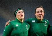 20 November 2021; Ciara Griffin, left, and Laura Feely of Ireland sing the national anthem before the Autumn Test Series match between Ireland and Japan at the RDS Arena in Dublin. Photo by Harry Murphy/Sportsfile