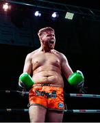 20 November 2021; Cian Johnston celebrates after defeating Darragh Kennedy after their Muay Thai 3x3 bout at Capital 1 Dublin in the National Basketball Arena, Tallaght, Dublin. Photo by David Fitzgerald/Sportsfile