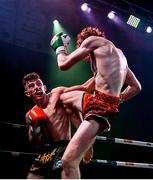 20 November 2021; Aaron Clarke, right, and Jay Councel during their ISKA Irish K1 Lightweight Title bout at Capital 1 Dublin in the National Basketball Arena, Tallaght, Dublin. Photo by David Fitzgerald/Sportsfile