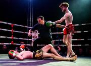 20 November 2021; Aaron Clarke, right, and Jay Councel during their ISKA Irish K1 Lightweight Title bout at Capital 1 Dublin in the National Basketball Arena, Tallaght, Dublin. Photo by David Fitzgerald/Sportsfile