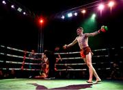 20 November 2021; Gareth Smylie celebrates after defeating Jamie Lee Rayner during their ISKA Muay Thai 4 Nations Super Welterweight Title bout against Alex Akimov at Capital 1 Dublin in the National Basketball Arena, Tallaght, Dublin. Photo by David Fitzgerald/Sportsfile