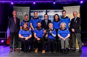 20 November 2021; The Tulach Sheasta team, representing Tipperary and Munster, of Tom McCabe, Paraic Kennedy, Lil O'Grady, Cathríona McCabe, Carol O'Hara, John Tuohey and Mary Browne, who won the Nuachleas competition, alongside Leinster GAA Chairman Pat Teehan, Chathaoirleach Choiste Náisiúnta Scór Tomás Ó Muirí and Connacht GAA Council President John Murphy during the Scór Sinsir 2020 All-Ireland Finals at the Connacht GAA Air Dome in Bekan, Mayo. Photo by Piaras Ó Mídheach/Sportsfile