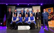 20 November 2021; The Bun Brosnaí team, representing Westmeath and Leinster, of Orla Cleary, Susan Lambden, Sandra Eades, Veronica Moran, Kenneth Murphy, Christopher McCormack, Eoin Clarke and Séamus Moran, who won the Rince Seit competition alongside Leinster GAA Chairman Pat Teehan, Chathaoirleach Choiste Náisiúnta Scór Tomás Ó Muirí and Connacht GAA Council President John Murphy during the Scór Sinsir 2020 All-Ireland Finals at the Connacht GAA Air Dome in Bekan, Mayo. Photo by Piaras Ó Mídheach/Sportsfile