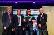 20 November 2021; Winner of the Amhránaíocht Aonair competition Jack Gladney of Naomh Moling, representing Carlow and Leinster, with Leinster GAA Chairman Pat Teehan, left, Chathaoirleach Choiste Náisiúnta Scór Tomás Ó Muirí and Connacht GAA Council President John Murphy, right, during the Scór Sinsir 2020 All-Ireland Finals at the Connacht GAA Air Dome in Bekan, Mayo. Photo by Piaras Ó Mídheach/Sportsfile