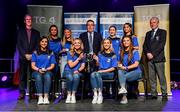 20 November 2021; The Caisleán Nua team, representing Tipperary and Munster, that won the Rince Foirne competition, Caelinn, Sinead Grant, Eimear O'Connor, Veronica McNamara, Sarah English, Chloe Hennebry, Aoife Leahy and Kayleigh O'Brien, with Leinster GAA Chairman Pat Teehan, Chathaoirleach Choiste Náisiúnta Scór Tomás Ó Muirí and Connacht GAA Council President John Murphy during the Scór Sinsir 2020 All-Ireland Finals at the Connacht GAA Air Dome in Bekan, Mayo. Photo by Piaras Ó Mídheach/Sportsfile