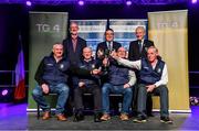 20 November 2021; The Edenderry team, representing Offaly, that won the Tráth na gCeist competition, of Garrett Reilly, Ian Delamere, Peter Guing and Hugh O'Donoghue, alongside Leinster GAA Chairman Pat Teehan, Chathaoirleach Choiste Náisiúnta Scór Tomás Ó Muirí and Connacht GAA Council President John Murphy during the Scór Sinsir 2020 All-Ireland Finals at the Connacht GAA Air Dome in Bekan, Mayo. Photo by Piaras Ó Mídheach/Sportsfile