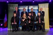 20 November 2021; The Cill Chábháin team, representing Laois and Leinster, that won the Ceol Uirlise competition, of Sophie Ryan, Brian Ryan, Alain Carroll, Senan Moran and Noel Stapleton, with Leinster GAA Chairman Pat Teehan, Chathaoirleach Choiste Náisiúnta Scór Tomás Ó Muirí and Connacht GAA Council President John Murphy during the Scór Sinsir 2020 All-Ireland Finals at the Connacht GAA Air Dome in Bekan, Mayo. Photo by Piaras Ó Mídheach/Sportsfile