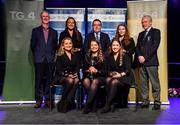 20 November 2021; The Féar Bán team, representing Offaly and Leinster, of Niamh Delaney, Valene Greer, Sarah Kenny, Zoe Rooney and Avril Spain winners of the Bailéad-Ghrúpa competition, alongside Leinster GAA Chairman Pat Teehan, Chathaoirleach Choiste Náisiúnta Scór Tomás Ó Muirí and Connacht GAA Council President John Murphy during the Scór Sinsir 2020 All-Ireland Finals at the Connacht GAA Air Dome in Bekan, Mayo. Photo by Piaras Ó Mídheach/Sportsfile