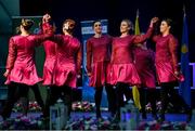 20 November 2021; An Caisleán Nua team, representing Tipperary and Munster, of Caelainn McGrath, Sinéad Grant, Eimear O'Connor, Veronica McNamara, Sarah English, Chloe Hennebry, Aoife Leahy and Kayleigh O'Brien during the Rince Foirne competition at Scór Sinsir 2020 All-Ireland Finals at the Connacht GAA Air Dome in Bekan, Mayo. Photo by Piaras Ó Mídheach/Sportsfile