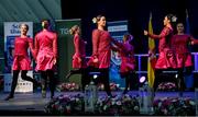 20 November 2021; An Caisleán Nua team, representing Tipperary and Munster, of Caelainn McGrath, Sinéad Grant, Eimear O'Connor, Veronica McNamara, Sarah English, Chloe Hennebry, Aoife Leahy and Kayleigh O'Brien during the Rince Foirne competition at Scór Sinsir 2020 All-Ireland Finals at the Connacht GAA Air Dome in Bekan, Mayo. Photo by Piaras Ó Mídheach/Sportsfile