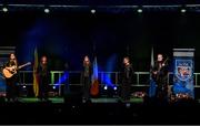 20 November 2021; The Naomh Dominic team, representing Roscommon and Connacht, of Noel Dervan, Cathy Dervan, Anita O'Keeffe, Mary Kenny and Sylvia Kilcline during the Bailéad-Ghrúpa competition at the Scór Sinsir 2020 All-Ireland Finals at the Connacht GAA Air Dome in Bekan, Mayo. Photo by Piaras Ó Mídheach/Sportsfile