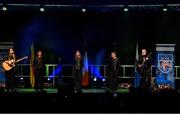 20 November 2021; The Naomh Dominic team, representing Roscommon and Connacht, of Noel Dervan, Cathy Dervan, Anita O'Keeffe, Mary Kenny and Sylvia Kilcline during the Bailéad-Ghrúpa competition at the Scór Sinsir 2020 All-Ireland Finals at the Connacht GAA Air Dome in Bekan, Mayo. Photo by Piaras Ó Mídheach/Sportsfile