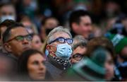 21 November 2021; Ireland supporter wearing a facemask before the Autumn Nations Series match between Ireland and Argentina at Aviva Stadium in Dublin. Photo by Harry Murphy/Sportsfile