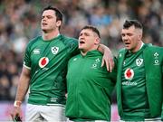 21 November 2021; Ireland captain James Ryan, left, alongside team-mates Tadhg Furlong, centre, and Peter O’Mahony during the National Anthem before Autumn Nations Series match between Ireland and Argentina at Aviva Stadium in Dublin. Photo by Seb Daly/Sportsfile