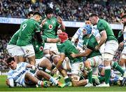 21 November 2021; Josh van der Flier of Ireland celebrates after scoring his side's first try with team-mates during the Autumn Nations Series match between Ireland and Argentina at Aviva Stadium in Dublin. Photo by Harry Murphy/Sportsfile