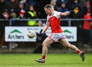 21 November 2021; Ryan O'Donoghue of Belmullet scores a point from a free during the Mayo County Senior Club Football Championship Final match between Knockmore and Belmullet at James Stephen's Park in Ballina, Mayo. Photo by Piaras Ó Mídheach/Sportsfile