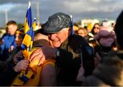 21 November 2021; Knockmore captain David McHale celebrates with his father Paddy after his side's victory in the Mayo County Senior Club Football Championship Final match between Knockmore and Belmullet at James Stephen's Park in Ballina, Mayo. Photo by Piaras Ó Mídheach/Sportsfile