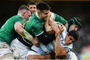 21 November 2021; Lucio Cinti of Argentina is tackled by Ireland players, from right, Caelan Doris, Conor Murray and Peter O’Mahony during the Autumn Nations Series match between Ireland and Argentina at Aviva Stadium in Dublin. Photo by Harry Murphy/Sportsfile