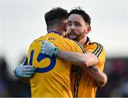 21 November 2021; Knockmore players Keith Ruttledge, right, and Peter Naughton celebrate after their side's victory in the Mayo County Senior Club Football Championship Final match between Knockmore and Belmullet at James Stephen's Park in Ballina, Mayo. Photo by Piaras Ó Mídheach/Sportsfile