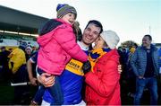 21 November 2021; Paul Quirke of St Rynagh's is congratulated by his mother Geraldine, right, and his niece Lexi after the Offaly County Senior Club Hurling Championship Final match between Coolderry and St Rynagh's at Bord na Mona O'Connor Park in Tullamore, Offaly. Photo by Ben McShane/Sportsfile