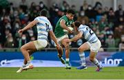 21 November 2021; Robert Baloucoune of Ireland is tackled by Lucio Cinti, left, and Nicolas Sanchez of Argentina during the Autumn Nations Series match between Ireland and Argentina at Aviva Stadium in Dublin. Photo by Seb Daly/Sportsfile