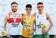 21 November 2021; The podium after the Men's U23 race, from left, third placed Thomas McStay of Galway City Harriers AC, Galway, first placed Darragh Mc Elhinney of UCD AC, Dublin, and second placed Keelan Kilrehill of Moy Valley AC, Mayo, during the Irish Life Health National Cross Country Championships at Santry Demense in Dublin. Photo by Ramsey Cardy/Sportsfile