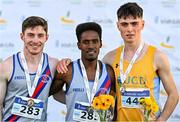 21 November 2021; The podium following the Senior Men's race, from left, third placed Paul O'Donnell of Dundrum South Dublin AC, Dublin, first placed Hiko Tonosa of Dundrum South Dublin AC, Dublin, and second placed Darragh Mc Elhinney of  UCD AC, Dublin, during the Irish Life Health National Cross Country Championships at Santry Demense in Dublin. Photo by Ramsey Cardy/Sportsfile