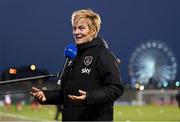 21 November 2021; Republic of Ireland manager Vera Pauw is interviewed by RTÉ before the 2021 EVOKE.ie FAI Women's Cup Final between Wexford Youths and Shelbourne at Tallaght Stadium in Dublin. Photo by Stephen McCarthy/Sportsfile